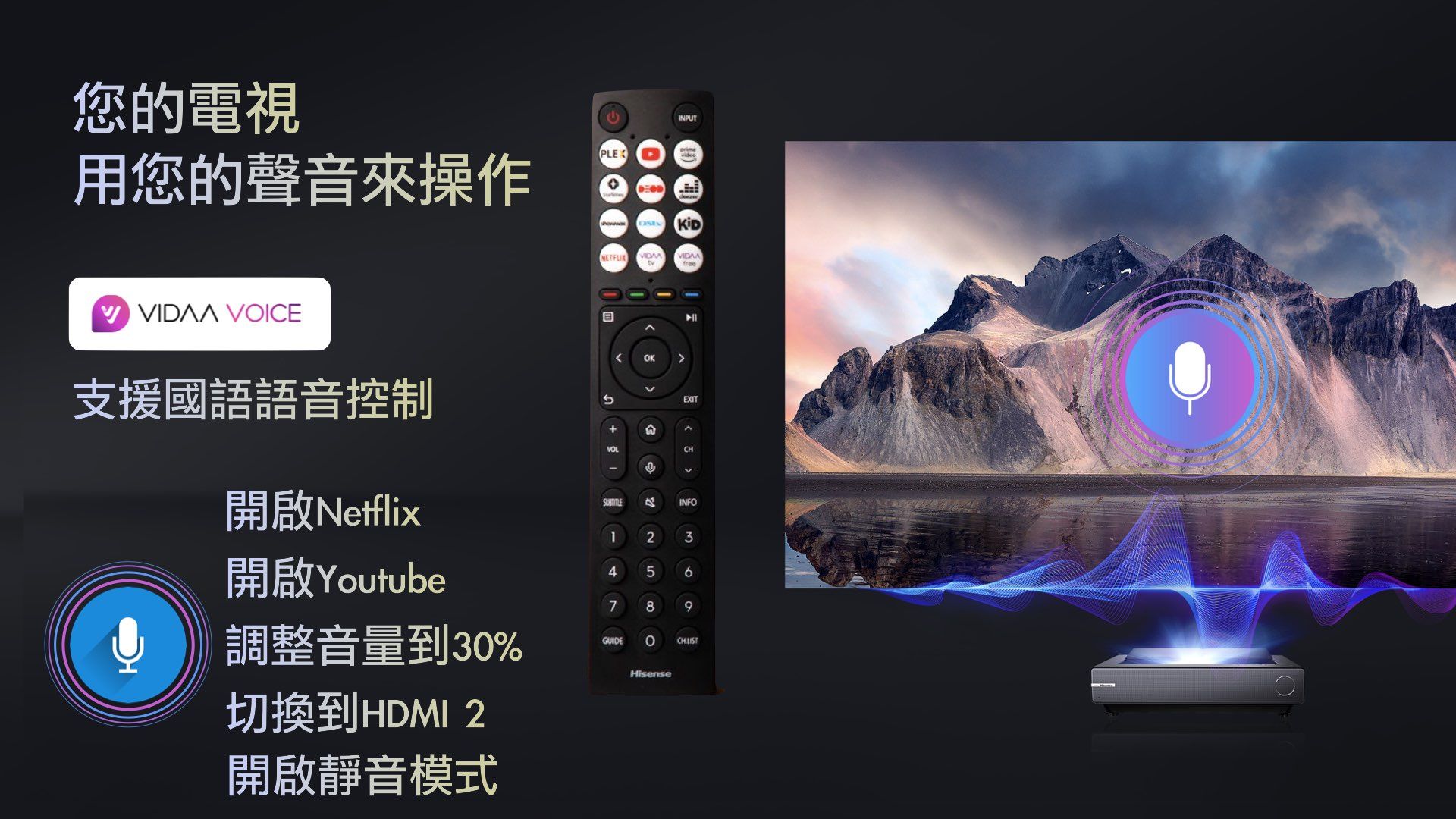 您的電視用您的聲音來操作PLEX VOICE支援國語語音控制INPUT VIDAAfreeEXIT  CHINFO1234578a開啟Netflix開啟Youtube調整音量到30%切換到HDMI 2開啟靜音模式HisenseCHLIST