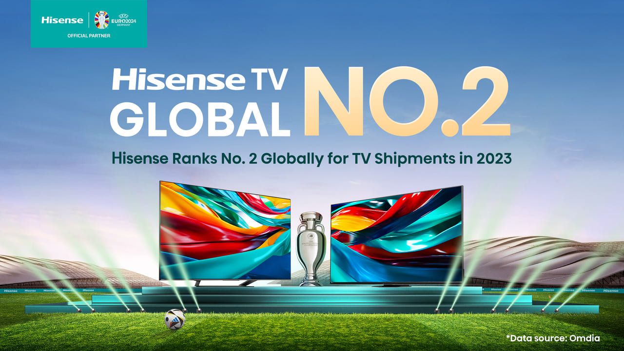 HisenseOFFICIAL PARTNEREURO2024Hisense TVGLOBAL NO.2Hisense Ranks No. 2 Globally for TV Shipments in 2023Data source: Omdia
