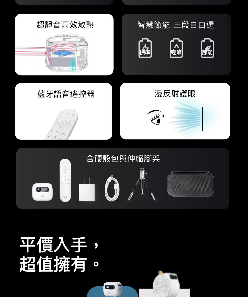 超靜音高效散熱智慧節能 三段自由選標準經濟節能藍牙語音遙控器漫反射護眼含硬殼包與伸縮腳架平價入手,超值擁有。