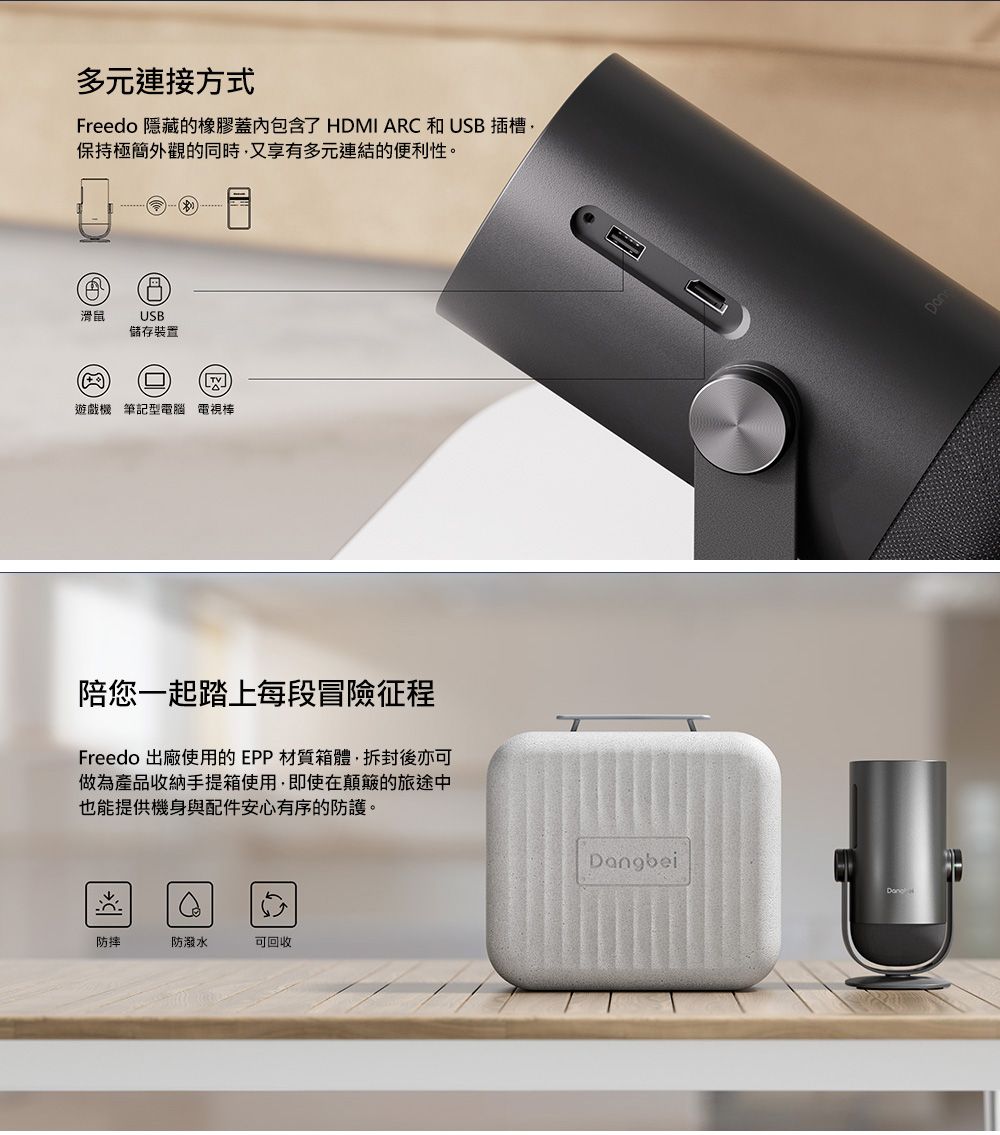 多元連接方式Freedo 隱藏的橡膠蓋包含了HDMI ARC 和USB插槽保持極簡外觀的同時又享有多元連結的便利性。滑鼠USB儲存裝置遊戲機 筆記型電腦 電視棒陪您一起踏上每段冒險征程Freedo 出廠使用的EPP材質箱體,拆封後亦可做為產品收納手提箱使用,即使在顛簸的旅途中也能提供機身與配件安心有序的防護。防摔防潑水可回收Dangbei