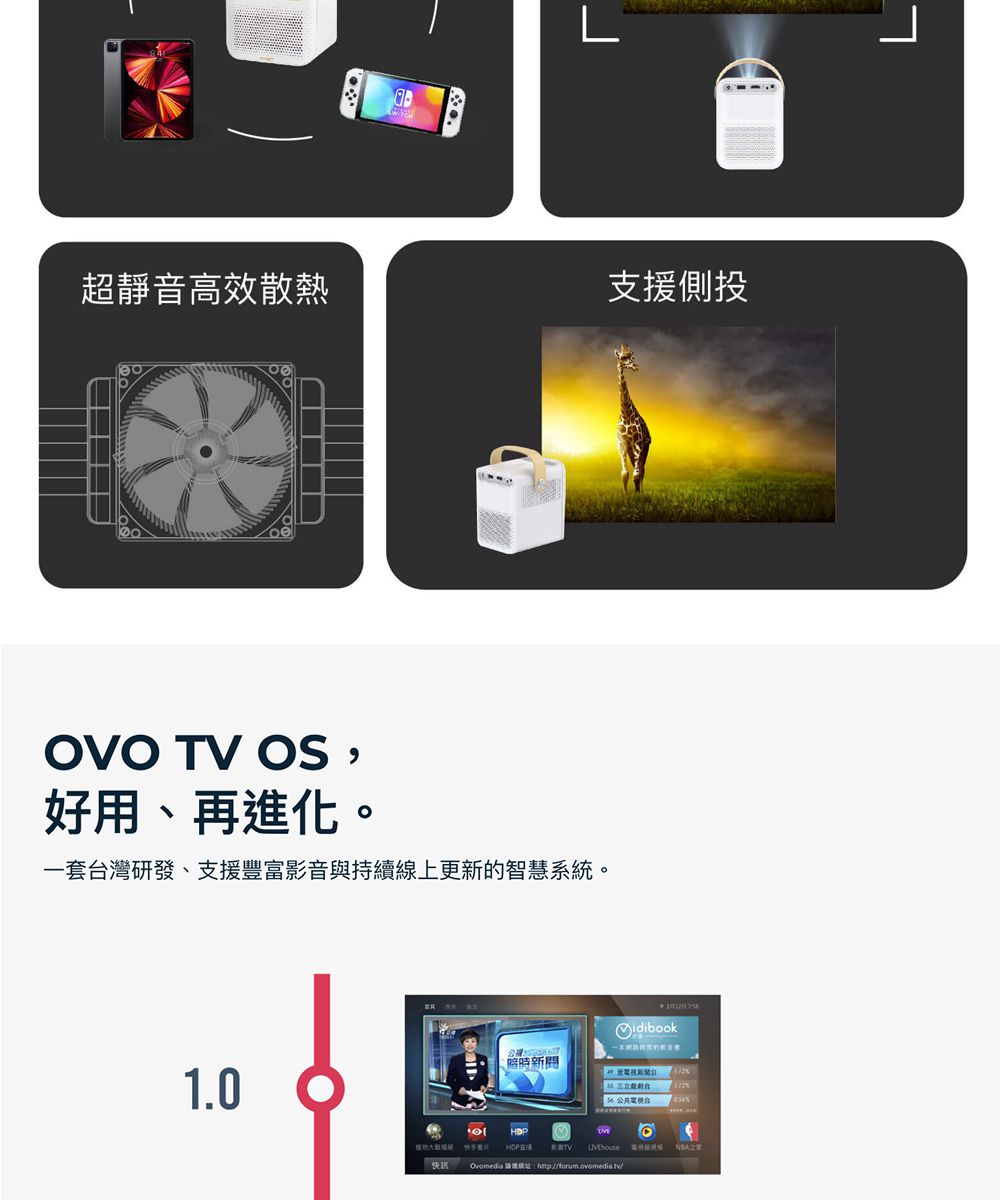超靜音高效散熱支援側投OVO TV OS好用、再進化。一套台灣研發、支援豐富影音與持續線上更的智慧系統。1.0快訊 新HOPOvomedia : http://forum.ovomedia.tv/