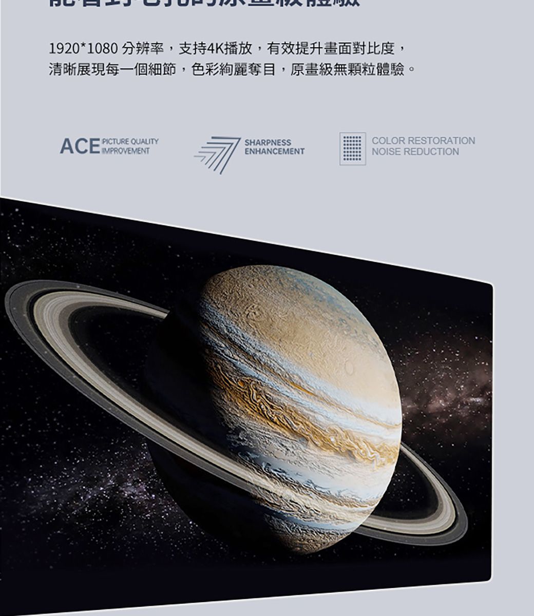1920*1080分辨率,支持4K播放,有效提升畫面對比度,清晰展現每一個細節,色彩絢麗奪目,原畫級無顆粒體驗。ACE  QUALITYSHARPNESSIMPROVEMENTENHANCEMENTCOLOR RESTORATIONNOISE REDUCTION