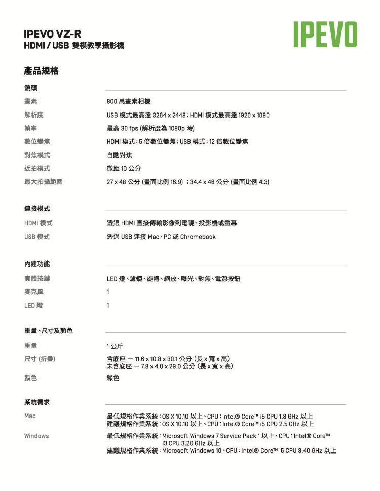 IPEVO VZRHDMI/USB 雙模教學攝影機產品規格鏡頭畫素解析度800 萬畫素相機USB 模式最高達 3264x2448;HDMI 模式最高達1920x1080最高 30 fps (解析度為1080p時HDMI 模式5位變焦;USB模式:12位變焦自動對焦幀率數位變焦對焦模式近拍模式最大拍攝範圍27x48公分(比例 :9):34.446公分(比例 4:3)微距 10 公分連接模式HDMI 模式透過HDMI直接傳輸影像到電視投影機或螢幕USB 模式透過USB 連接 Mac、PC或Chromebook內建功能實體按鍵麥克風1LED 燈1重量、尺寸及顏色LED 燈、濾鏡、旋轉、縮放、曝光、對焦、電源按鈕重量1公斤尺寸()顏色含底座  11.6 x 10.8x30.1公分(長x寬x高)未含底座- 7.8 x4.0x29.0公分(長x寬x高)綠色系統需求MacWindowsIPEVO最低規格作業系統: OS 以上、:Intel® Core   1.8 GHz 以上建議規格作業系統: OS X 10.10 以上、: Intel® Core  CPU 2.5 GHz 以上最低規格作業系統:Microsoft Windows 7 Service Pack 1 以上、CPU:Intel® Core™ CPU 3.20 GHz 以上建議規格作業系統:Microsoft Windows 10、CPU: Intel® Core™ i5 CPU 3.40 GHz 以上