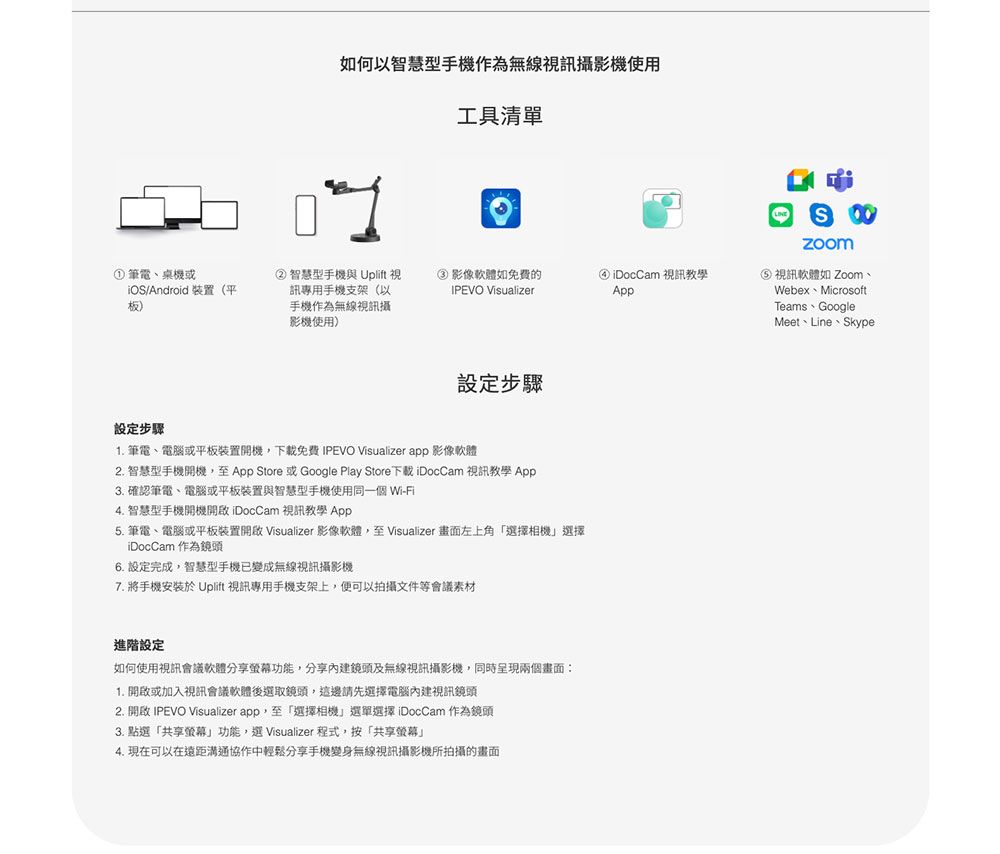 如何以智慧型手機作為無線視訊攝影機使用工具清單① 筆電、桌機或iO/Android 裝置(平②智慧型手機與 Uplift 視訊專用手機支架(以手機作為無線視訊攝影機使用)影像軟體如免費的IPEVO VisualizeriDocCam 視訊教學App設定步驟設定步驟 筆電、電腦或平板裝置開機下載免費 IPEVO Visualizer app 影像軟體2. 智慧型手機開機至 App Store 或 Google Play Store下載 iDocCam 視訊教學 App3. 確認筆電、電腦或平板裝置與智慧型手機使用同一個WiFi4. 智慧型手機開機開啟 iDocCam 視訊教學 App5. 筆電、電腦或平板裝置開啟 Visualizer 影像軟體,至 Visualizer 畫面左上角「選擇相機選擇iDocCam 作為鏡頭6. 設定完成,智慧型手機已變成無線視訊攝影機7. 將手機安裝於 Uplift 視訊專用手機支架上,便可以拍攝文件等會議素材進階設定如何使用視訊會議軟體分享螢幕功能,分享內建鏡頭及無線視訊攝影機,同時呈現兩個畫面:1. 開啟或加入視訊會議軟體後選取鏡頭,這邊請先選擇電腦內建視訊鏡頭2. 開啟 IPEVO Visualizer app,至「選擇相機選單選擇iDocCam 作為鏡頭3. 點選「共享螢幕」功能,選 Visualizer 程式,按「共享螢幕」4. 現在可以在遠距溝通協作中輕鬆分享手機變身無線視訊攝影機所拍攝的畫面S 視訊軟體如 Zoom、Webex MicrosoftTeams - GoogleMeet、Line、Skype