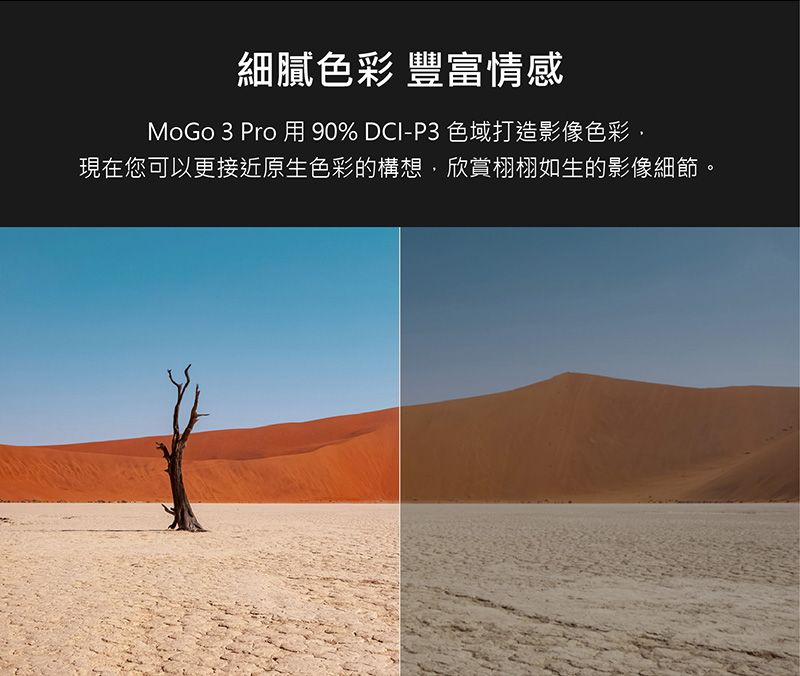 細膩色彩 豐富情感MoGo 3 Pro用 90% DCI-P3 色域打造影像色彩現在您可以更接近原生色彩的構想,欣賞栩栩如生的影像細節。