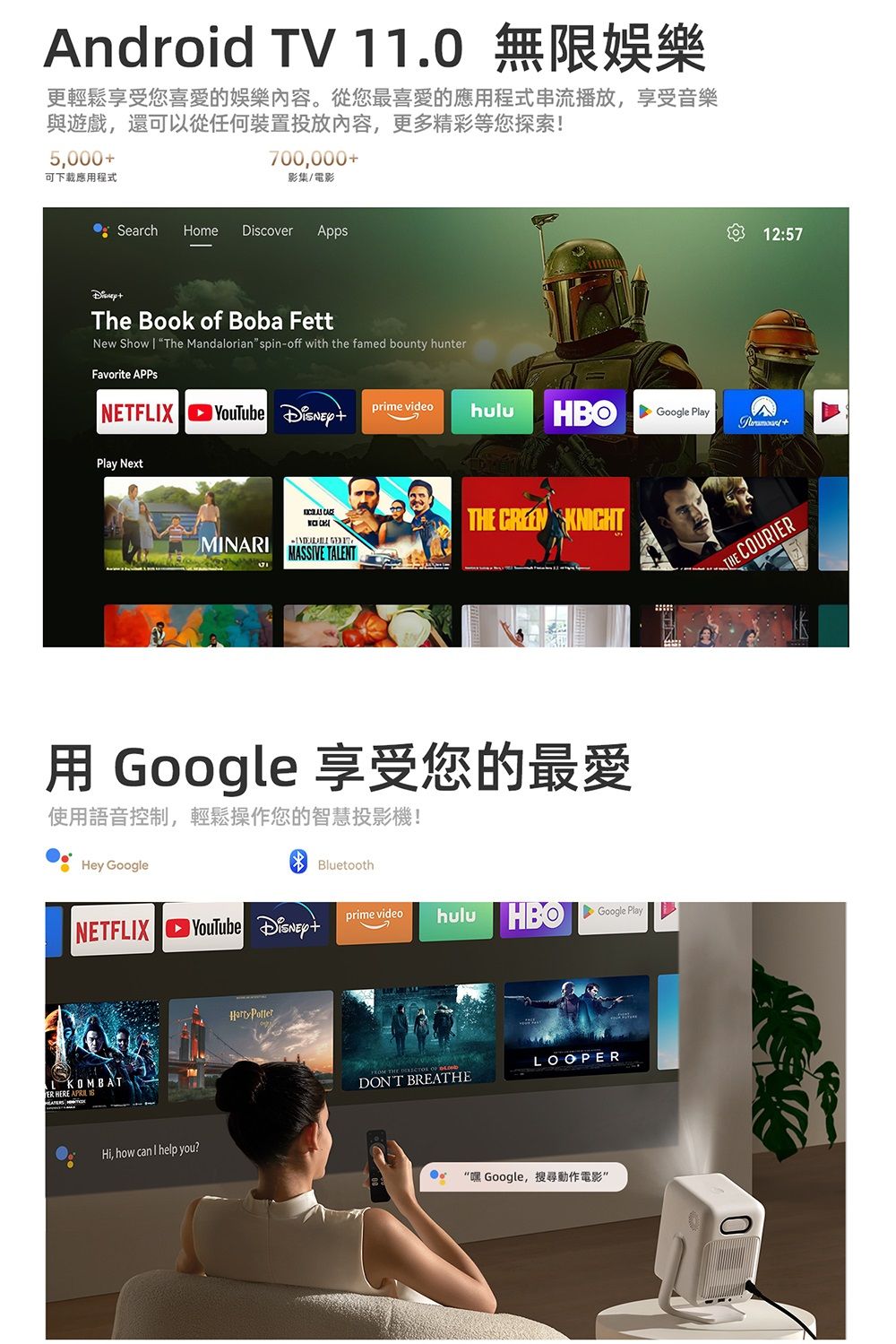 Android TV 11. 無限娛樂更輕鬆享受您喜愛的娛樂內容。從您最喜愛的應程式串流播放,享受音樂與遊戲,還可以從任何裝置投放內容,更多精彩等您探索!5,000可下載應用程式700,000影集/電影Sarch Home DiscoverAppsThe Book of Boba FettNew Show  The Mandalorian spin-off with the famed bounty hunter12:57Favorite NETFX YouTube prime videohuluHBO  Play+Play Next  MINARIMASSIVE TALENT用 Google 享受您的最愛使用語音控制,輕鬆操作您的智慧投影機!Hey Googlee BluetoothNETFLIX YouTube +prime video hulu HBO Google PlayL KOMBATER HERE APRIL Hi, how can I help you? Potter THE  LOOPERDONT BREATHE“嘿 Google,搜尋動作電影0THE COURIER