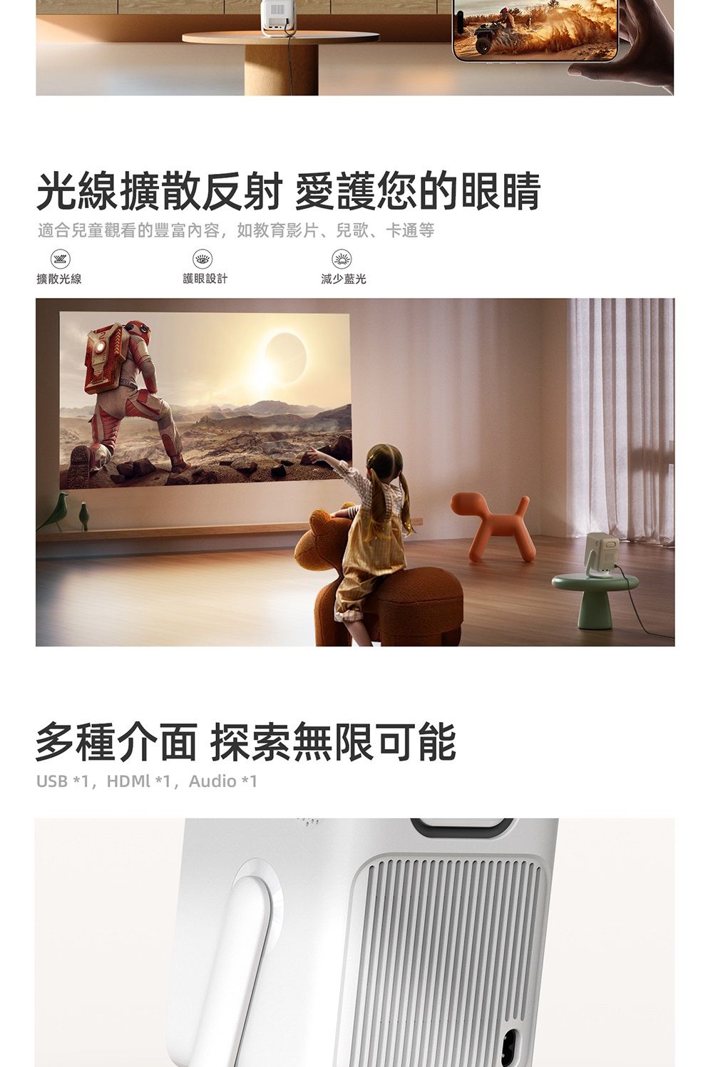 光線擴散反射 愛護您的眼睛適合兒童觀看的豐富內容,如教育影片、兒歌、卡通等擴散光線護眼設計減少藍光多種介面 探索無限可能USB *1, HDML *1, Audio *1