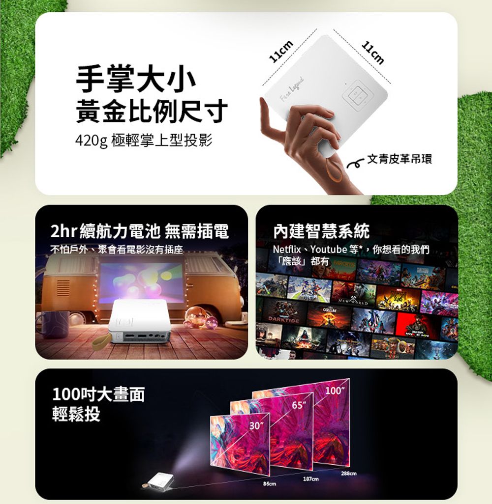 手掌大小黃金比例尺寸420g 極輕掌上型投影2hr續航力電池 無需插電不怕戶外、聚會看電影沒有插座100大畫面輕鬆投11cm 11cm 文青皮革吊環內建智慧系統Netflix、Youtube等*,你想看的我們「應該」都有DARKTIDENEW 6510086cm187cm