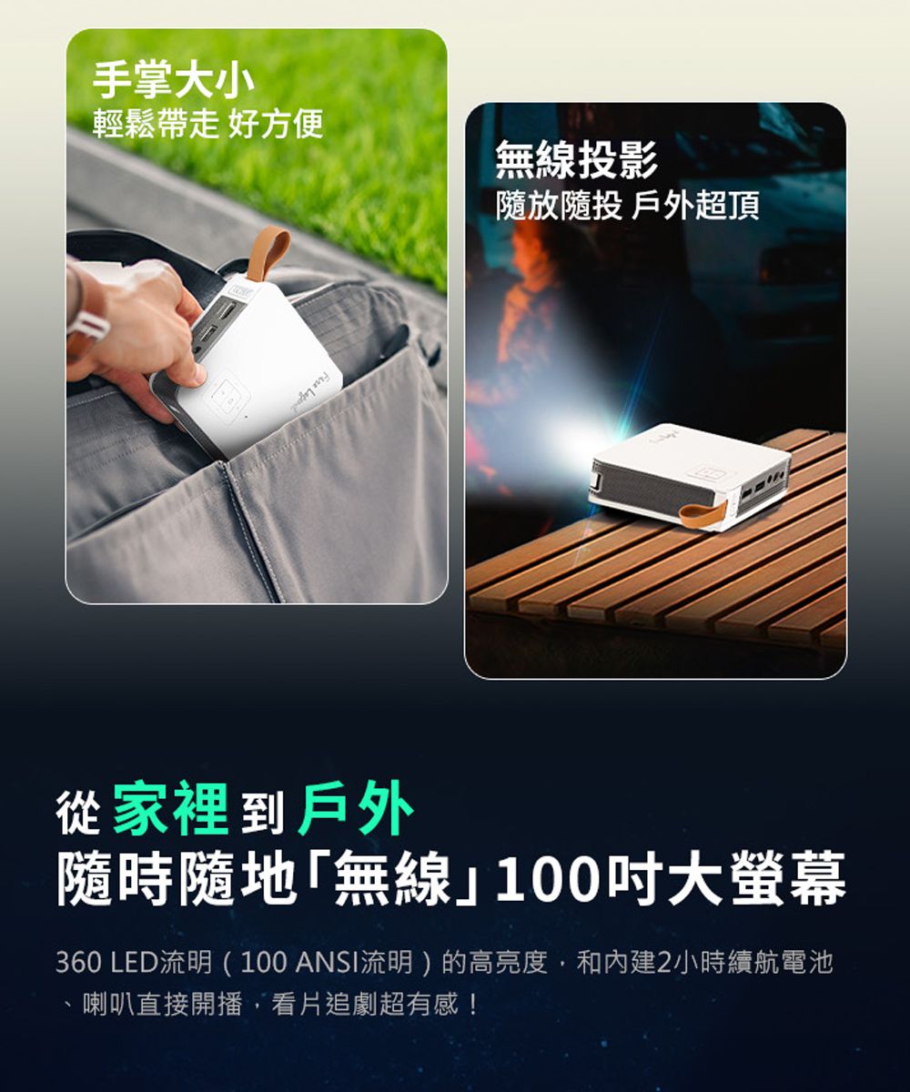 手掌大小輕鬆帶走 好方便無線投影放投 戶外超頂 της從家裡到戶外隨時隨地「無線100吋大螢幕360 LED流明(100ANSI流明)的高亮度和內建2小時續航電池喇叭直接開播,看追劇超有感!