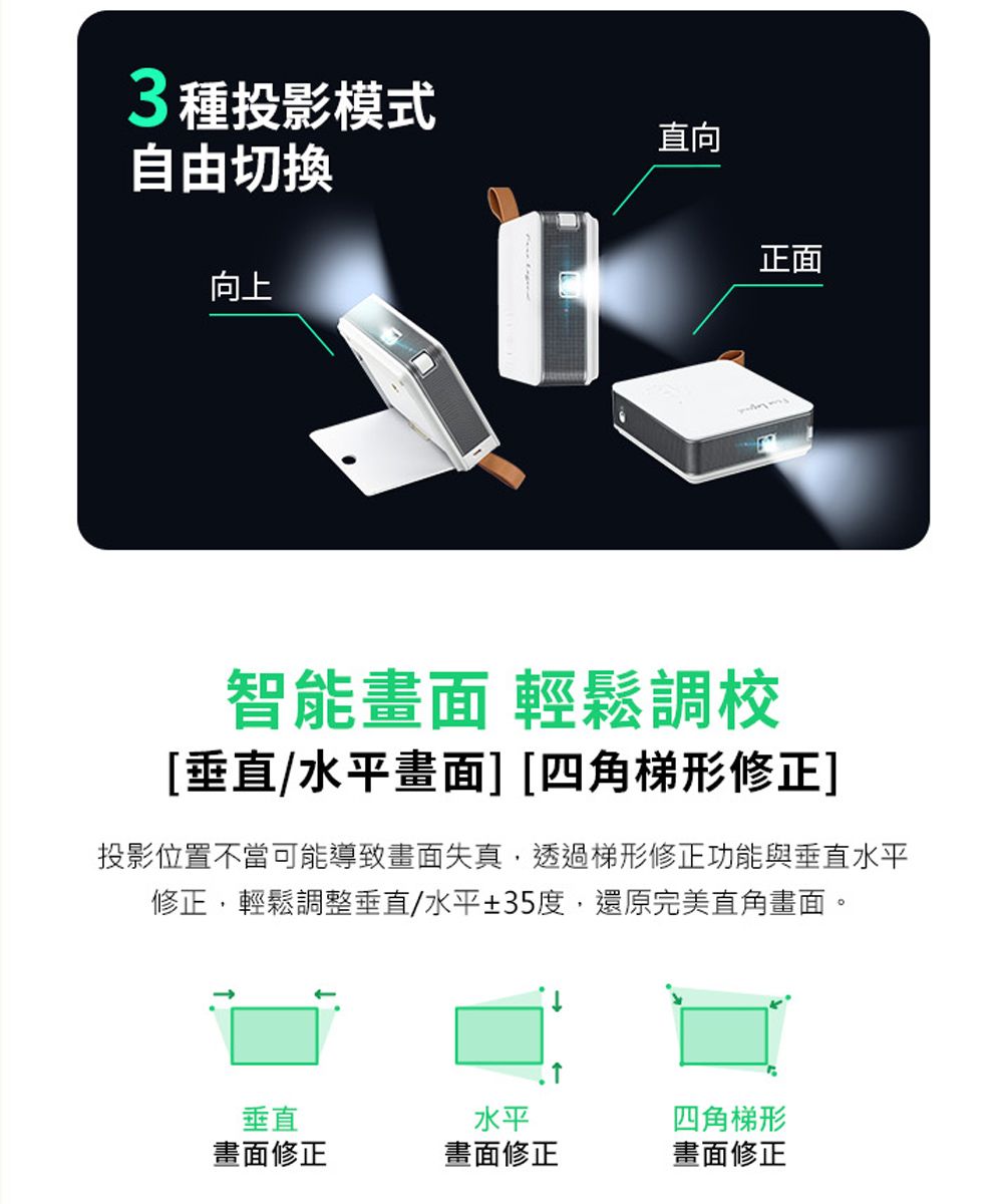 3種投影模式自由切換向上直向正面智能畫面 輕鬆調校[垂直/水平畫面][四角梯形修正]投影位置不當可能導致畫面失真,透過梯形修正功能與垂直水平修正,輕鬆調整垂直/水平±35度,還原完美直角畫面。垂直水平四角梯形畫面修正畫面修正畫面修正
