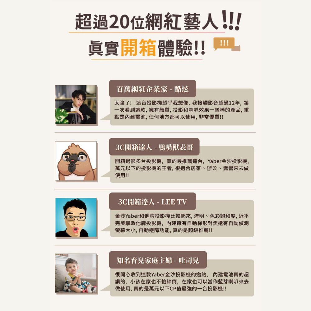 超過20位網紅藝人!!!眞實開箱體驗!!!!!百萬網紅企業家-酷炫太強了! 這台投影機超乎我想像,我接觸影音超過12年,第一次看到這款,擁有顏質,投影和喇叭效果一級棒的產品,重點是電池, 任何地方都可以使用,非常優質!!3C開箱達人-鴨嘴獸表哥開箱過很多台投影機,真的最推薦這台,Yaber金沙投影機,萬元以下的投影機的王者,很適合居家、辦公、露營來去做使用!!3C開箱達人-LEE TV金沙Yaber和他牌投影機比較起來,流明、色彩飽和度,近乎完美擊敗他牌投影機,擁有自動梯形對焦還有自動螢幕大小,自動避障功能,真的是超級推薦!!知名育兒家庭主婦-吐司兒很開心收到這款Yaber金沙投影機的邀約,內建電池真的超讚的,小孩在家也不怕,在家也可以當作藍芽喇叭來去做使用,真的是萬元以下CP值最強的一台投影機!!