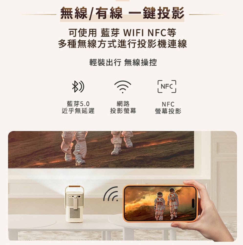 無線/有線一鍵投影可使用 藍芽 WIFI NFC等多種無線方式進行投影機輕裝出行 無線操控NFC藍芽5.0近乎無延遲網路投影螢幕NFC螢幕投影