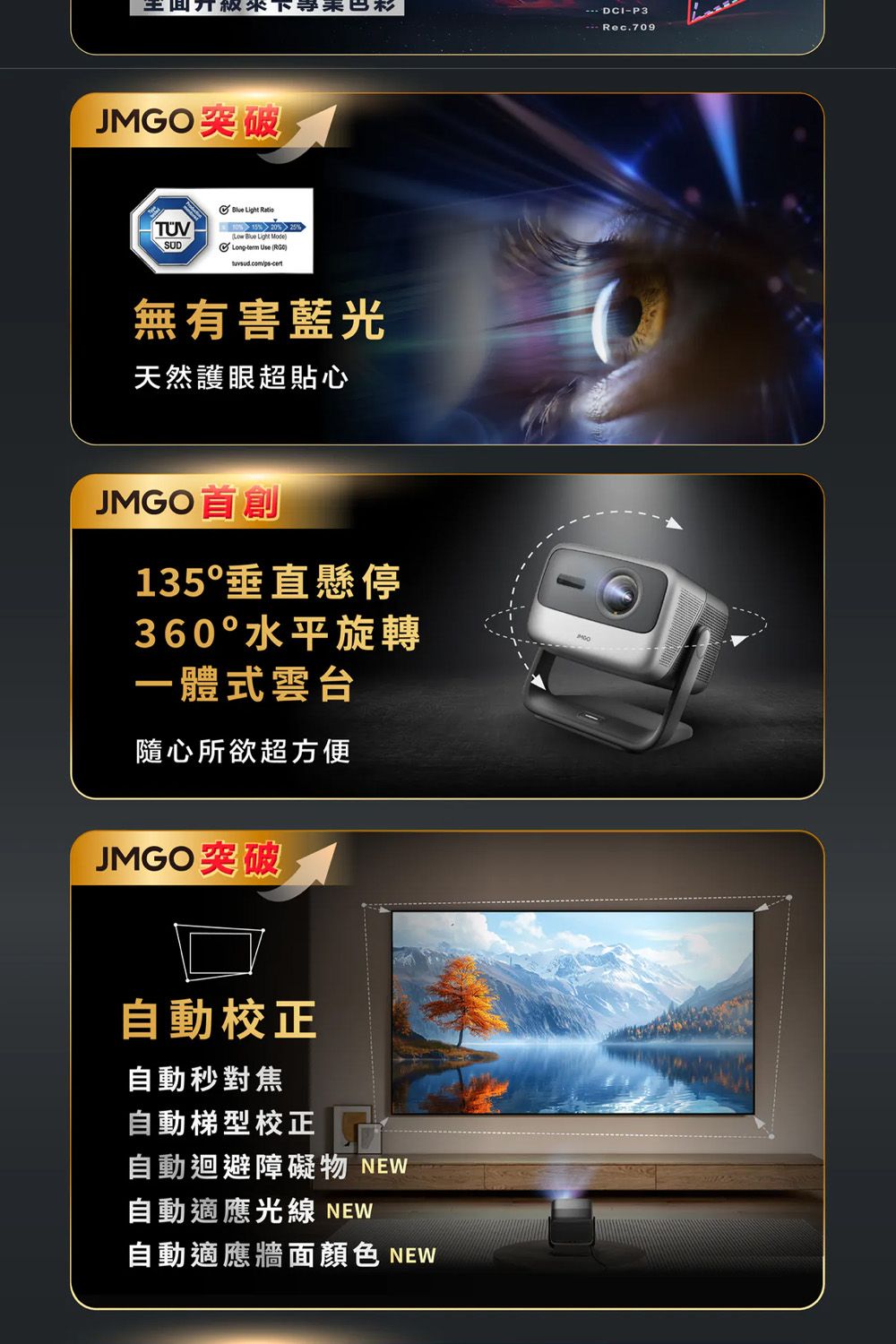 JMGO 突破 Light TUV 15% 20% 25% Blue Light SUD Use 無有害藍光天然護眼超貼心JMGO首創135°垂直懸停360°水平旋轉一體式雲台隨心所欲超方便JMGO突破自動校正自動對焦自動梯型校正自動迴避障礙物 NEW自動適應光線 NEW自動適應牆面顏色 NEW-P3 Rec.709