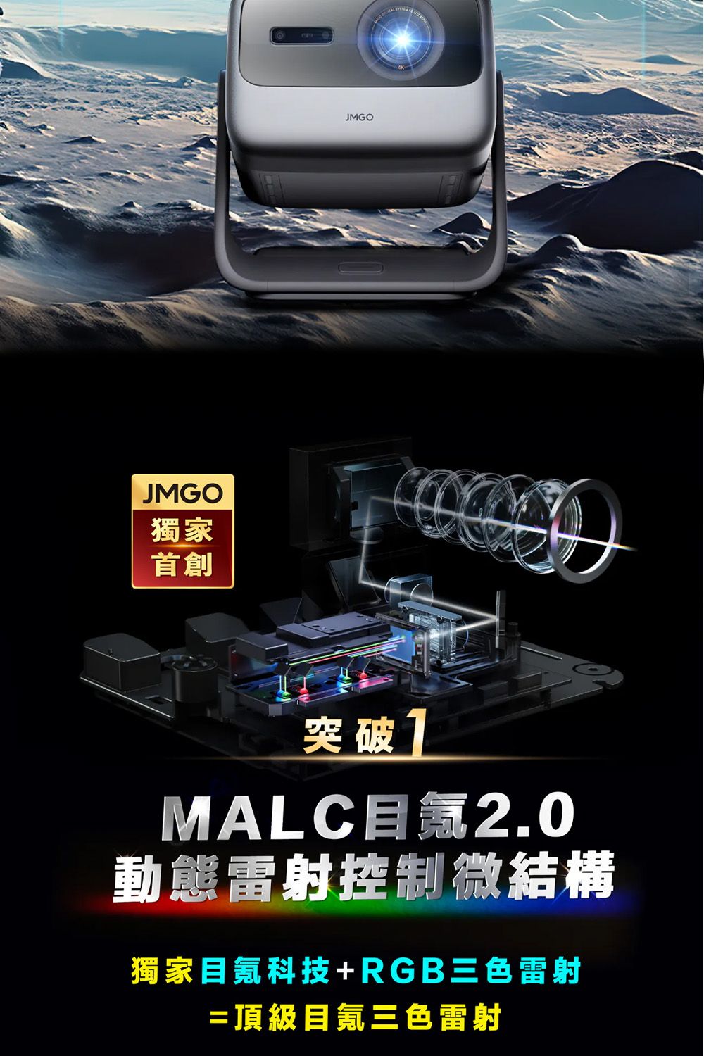 JMGO獨家首創JMGO突破1MALC目2.0動態雷射控制微結構獨家目科技+RGB三色雷射=頂級目氪三色雷射