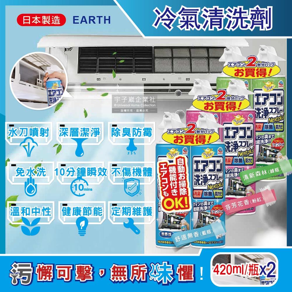 SINJA EARTH 興家安速 日本-NextPlus+除臭防霉冷氣清潔劑(3款可選)420mlx2瓶/組(冷氣清潔劑,空調除異味,室內空氣清新,冷氣濾網防塵)