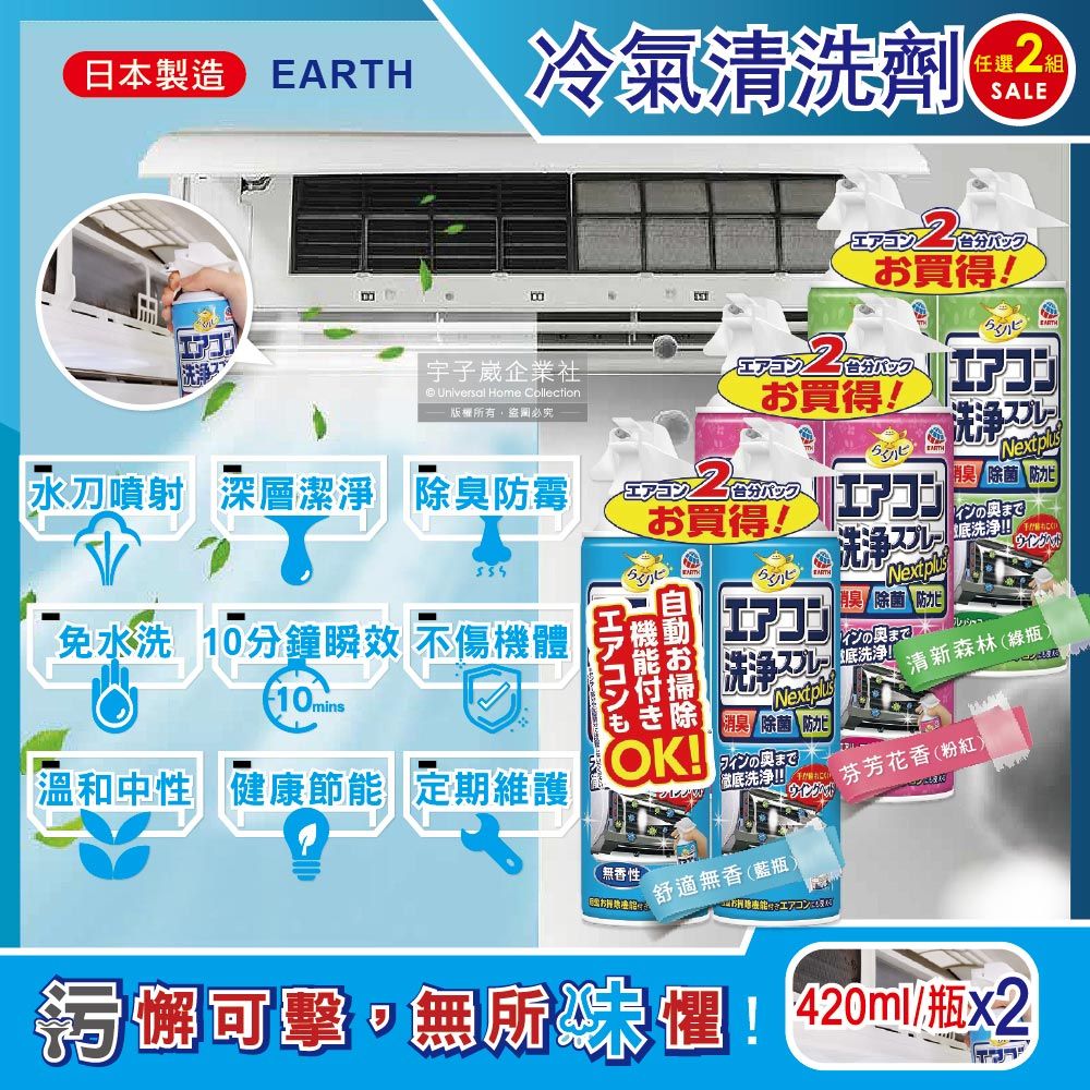 SINJA EARTH 興家安速 (2組任選超值組)日本-NextPlus+除臭防霉冷氣清潔劑(3款可選)420mlx2瓶/組(冷氣清潔劑,空調除異味,室內空氣清新,冷氣濾網防塵)