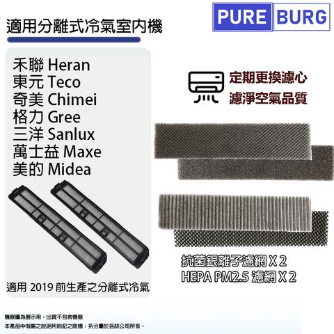 PUREBURG 4入組HEPA+銀離子濾網適用於各大品牌舊款分離式冷氣空調室內機 東元/禾聯/奇美/格力/三洋/萬士益/美的