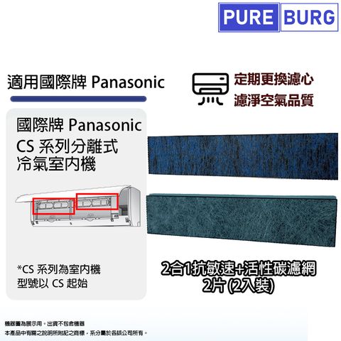 PUREBURG 2入組適用Panasonic國際牌CS系列3.5kW以上分離式冷氣空調室內機2合1抗敏速+活性碳濾網濾芯