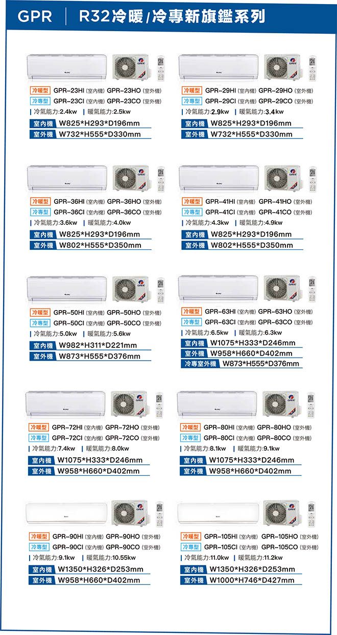 GRR冷暖/冷專新旗鑑系列GPR23HI  GPR23HO 「冷專型 GPR23CI 室內GPR23CO室外機 冷氣能力:2.4kw  暖氣能力:2.5kwW825H23D16mmW732H555D330mmGPR2HI  GPR-2HO 「冷專型 GPR-2CI 室內機GPR-2CO 室外機 冷氣能力:2.kw  暖氣能力:3.4kwW825H23D16mmW732H555D330mmGPR-36HI  GPR-36HO -「冷專型 GPR-36CI 室內機GPR-36CO室外機 冷氣能力:3.6kw  暖氣能力:4.0kwH23D196mmW802H555D350mmGPR-41HI 2 GPR-41HO 9-41CI  GPR-41CO 9 冷氣能力:4.3kw  暖氣能力:4.9kwW825H293D196mmW802H555D350mmGPR-50HI  GPR-50HO 9)GPR-50CI ) GPR- 9) 冷氣能力:5.0kw  暖氣能力:5.6kwW982H311D221mmW873H555D376mmGPR- ) GPR-63HO 9)「冷專型 GPR-63CI 室內機)GPR-63CO室外機) 冷氣能力:6.5kw  暖氣能力:6.3kwW1075H333D246mmW958H660D402mmW873*H555*D376mmGPR-72HI 3) GPR-72HO )冷專型 GPR-72CI(室內機)GPR-72CO(室外機) 冷氣能力:7.4kw  暖氣能力:8.0kwW1075*H333*D246mmW958*H660*D402mmGPR-80HI (9) GPR-80HO (9)GPR- (P) GPR- (9) 冷氣能力:8.1kw | 暖氣能力:9.1kwW1075*H333*D246mmW958*H660*D402mmGPR-90HI () GPR-90HO (9)「冷專型 GPR-90CI (室內機)GPR-90CO(室外機)| 冷氣能力:9.1kw 暖氣能力:10.55kwW1350*H326*D253mmW958*H660*D402mmGPR-105HI() GPR-105HO (9)GPR- () GPR- (-)冷氣能力:11.0kw | 暖氣能力:11.2kwW1350*H326*D253mmW1000*H746*D427mm