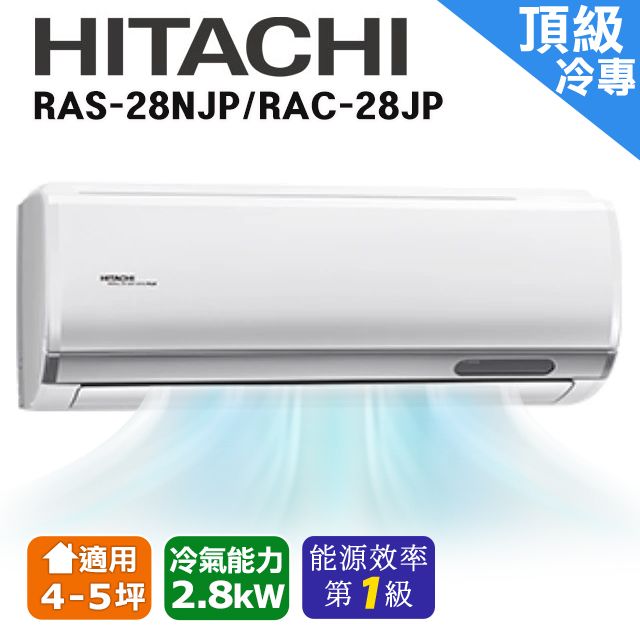 HITACHI 日立 4-5坪頂級系列一對一變頻單冷RAC-28JP/RAS-28NJP含運送+標準安裝+舊機回收