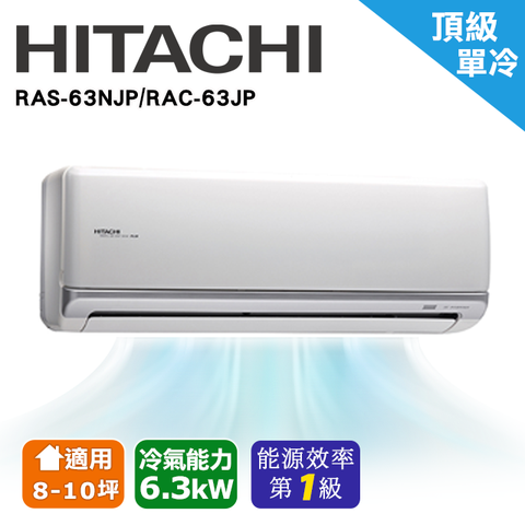 ★一級能效★【HITACHI日立】8-10坪頂級系列一對一變頻單冷RAC-63JP/RAS-63NJP含運送+標準安裝+舊機回收