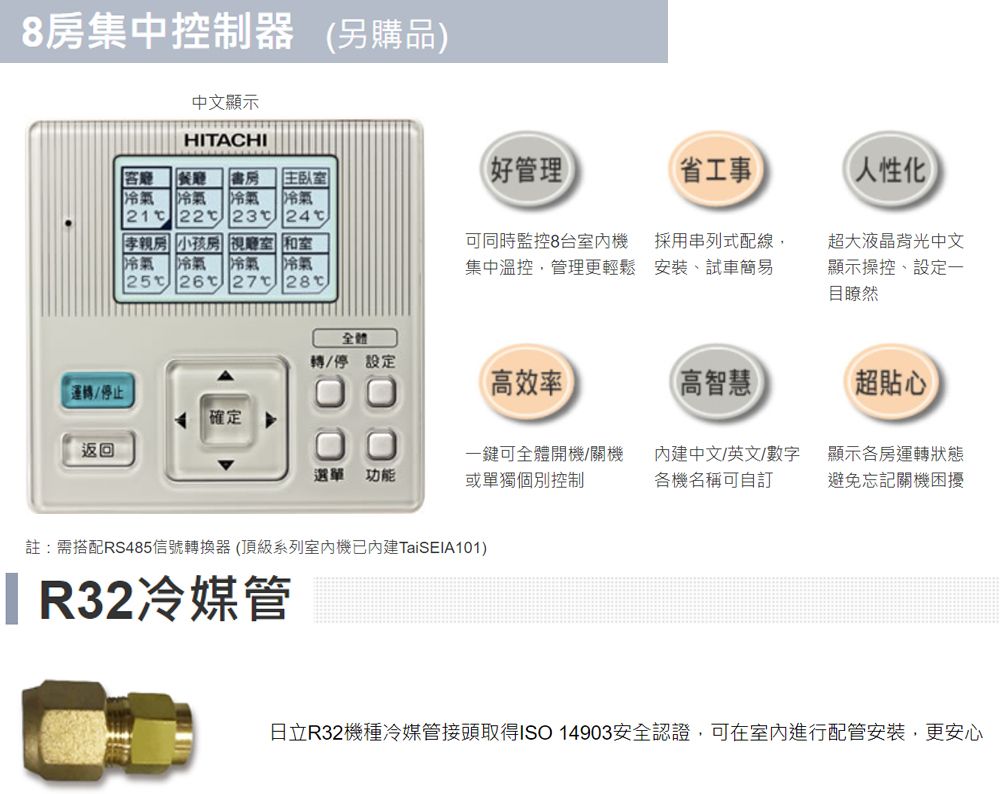 8房集中控制器 (另購品)中文顯示HITACHI客廳  餐廳冷氣 冷氣21 22書房 主臥室冷氣 冷氣23(好管理省工事人性化孝親房 小孩房 視廳室 和室冷氣 冷氣 冷氣 冷氣25 26 27 可同時監控8室內集中溫控,管理更輕鬆採用串列式配線,安裝、試車簡易超大液晶背光中文顯示操控、設定一目瞭然全體轉/停設定「運轉/停止高效率(高智慧)超貼心「確定返回選單 功能一鍵可全體開機/關機或單獨個別控制中文/英文/數字各機名稱可自顯示各房運轉狀態避免忘記關機困擾註:需搭配RS485信號轉換器 (頂級系列室內機TaiSEIA101) R32冷媒管日立R32機種冷媒管接頭取得ISO 14903安全認證,可在室內進行配管安裝,更安心