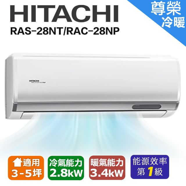 HITACHI 日立 一級能效3-5坪尊榮系列一對一變頻冷暖RAC-28NP/RAS-28NT含運送+標準安裝+舊機回收