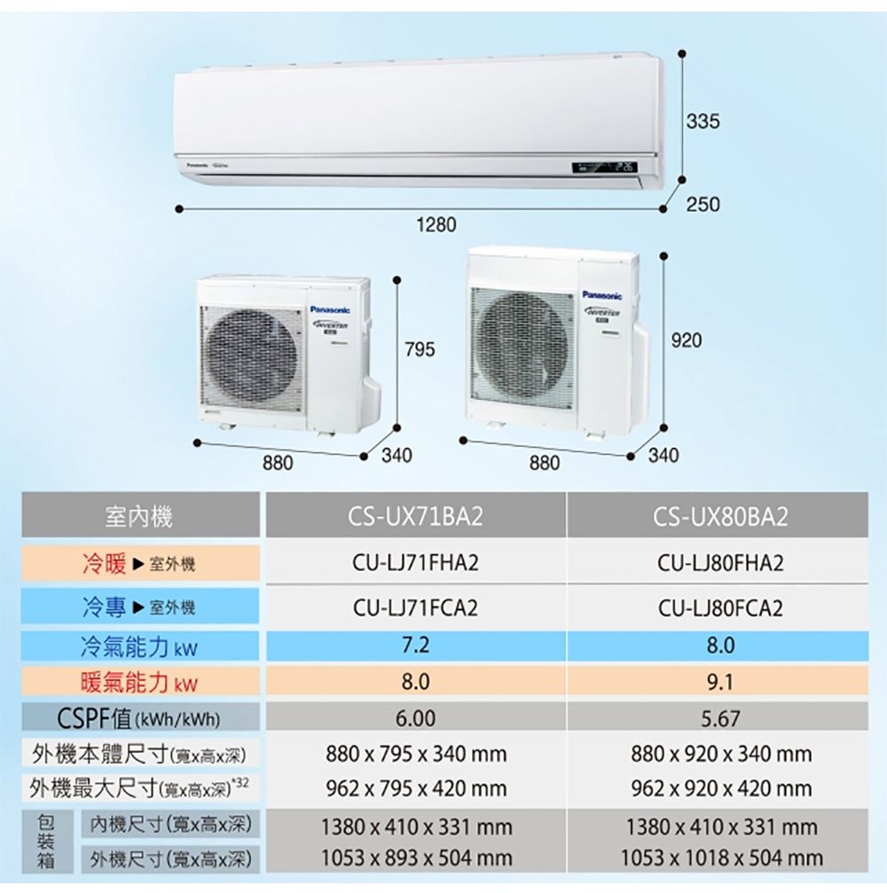 7951280340340880880920335250室機冷暖  室外機CS-UX71BA2CU-LJ71FHA2CS-UX80BA2冷  室外機CU-LJ71FCA2CU-LJ80FHA2CU-LJ80FCA2冷氣能力 7.2暖氣能力 CSPF/kWh)外機本體尺寸(高深)外機最大尺寸(高深)32內機尺寸(高深)外機尺寸(寬高深)8.06.008.09.1880  795  340 mm962  795  420 mm5.67880  920  340 mm962  920  420 mm1380  410  331 mm1380  410  331 mm1053 x 893 x 504 mm1053 x 1018 x 504 mm