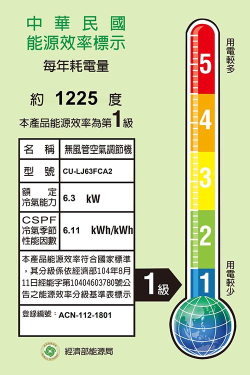 中華民國能源效率標示每年耗電量5約 225 度本產品能源效率第1級4名 稱無風管空氣調節機型號 CU-LJ63FCA23額定冷氣能力6.3 kWCSPF冷氣季節 6.11 kWh/kWh 性能本產品能源效率符合國家標準,其分級係依經濟部104年8月 11日經能字第10404603780號公 ||之能源效率分級基準表標示登錄編號:ACN-112-1801經濟部能源局1級 21