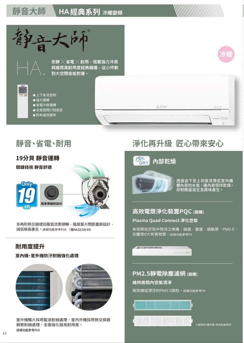靜音大師HA經典系列 冷暖變頻静音大師冷暖HA.安靜  省電  耐用,搭載強力冷房與暖房高耐用度經典機種,從小坪數到大空間能對應。上下氣流控制強力運轉省電冷房運轉■支援週間行程設定■附有遙控器架靜音、省電、耐用淨化再升級 匠心帶來安心19分貝 靜音運轉關鍵技術 靜音舒適19風車葉輪新設計dB內部乾燥透過由下至上的氣流帶走機體內部的水氣,讓內部保持乾燥。抑制滋生及異味產生。多角形熱交器使回風氣流更順暢,風扇葉片間距重新設計,減低噪音產生。功能參考P10(限HA22/28/35)高效電漿淨化裝置PQC(選購)Plasma Quad Connect 淨化空氣有效降低空氣中懸浮之病毒、細菌、黴菌、過敏原、PM2.5、灰塵等6大有害物質。詳細功能參考耐用度提升室內機、室外機防汙處理室外機鰭片採用藍波耐蝕處理,室內外機採用熱交換器銅管耐蝕處理,全面強化提高耐用度。詳細功能參考P1013PM2.5靜電除塵(選購)維持房間內空氣清淨高效捕捉漂浮的PM2.5微粒。詳細功能參考P8濾網有2種,而效能皆相同。
