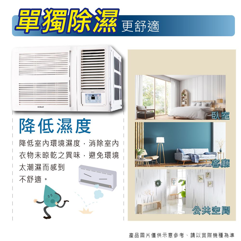 單獨除濕 更舒適降低濕度臥室降低室內環境濕度,消除室內衣物未晾乾之異味,避免環境太潮濕而感到客廳不舒適。公共空間產品圖片僅供示意參考、請以實際機種為準