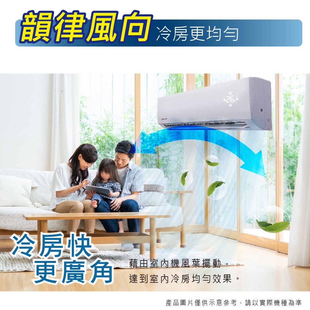 韻律風向 冷房更均勻冷房快更廣角藉由室內機風葉擺動,達到室内冷房均勻效果。產品圖片僅供示意參考、請以實際機種為準