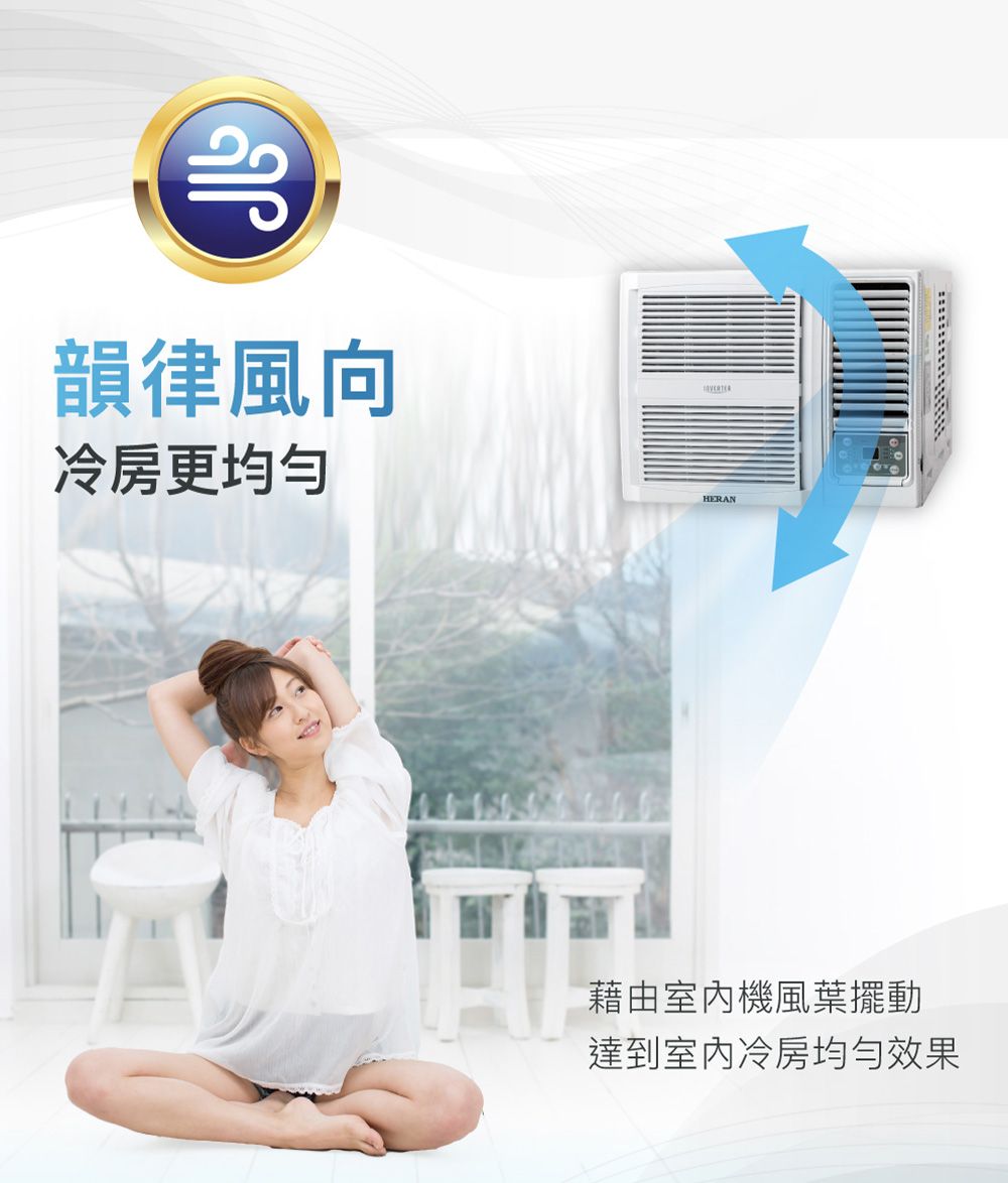 韻律風向冷房更均匀HERAN藉由室內機風葉擺動達到室內冷房均勻效果