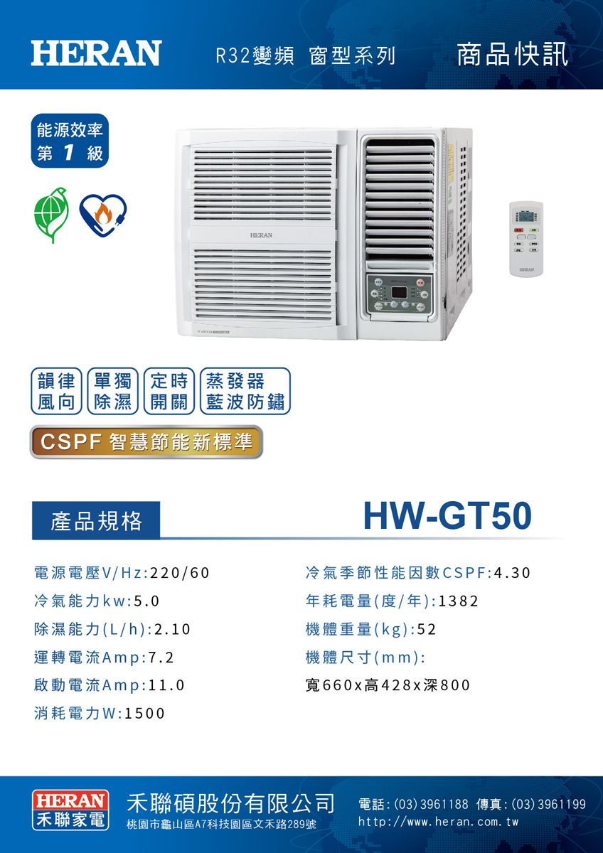 R32變頻 窗系列商品快訊能源效率  級HER韻律單獨定時蒸發器風向除濕開關藍波防鏽CSPF 智慧節能新標準產品規格電源電壓V/Hz:220/60冷氣能力kw:5.0除濕能力(L/h):2.10ANH-GT50冷氣季節性能因數CSPF:4.30年耗電量(度/年):1382機體重量(kg):52運轉電流Amp:7.2啟動電流Amp:11.0消耗電力W:1500機體尺寸(mm):寬660x高428x深800HERAN 聯碩股份有限公司 電話:(03)3961188 傳真:(03)3961199聯家電桃園市龜山區A7科技園區文禾路289號http://www.heran.com.tw