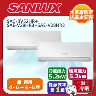【SANLUX 台灣三洋】1級 變頻一對二分離式冷暖冷氣 SAC-BV52HR+ SAE-V28HR3+ SAE-V28HR3