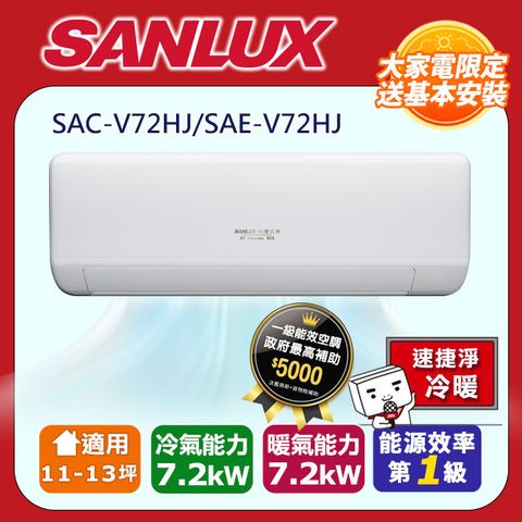 SANLUX 台灣三洋 11-13坪《冷暖型-速捷淨系列》變頻分離式空調SAC-V72HJ/SAE-V72HJ 含運送+拆箱定位+舊機回收