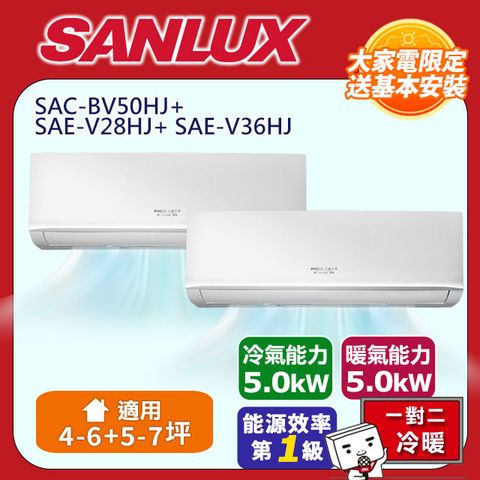 SANLUX 台灣三洋 4-6坪+5-7坪《冷暖型-一對二》變頻分離式空調SAC-BV50HJ+SAE-V28HJ+SAE-V36HJ含運送+拆箱定位+舊機回收