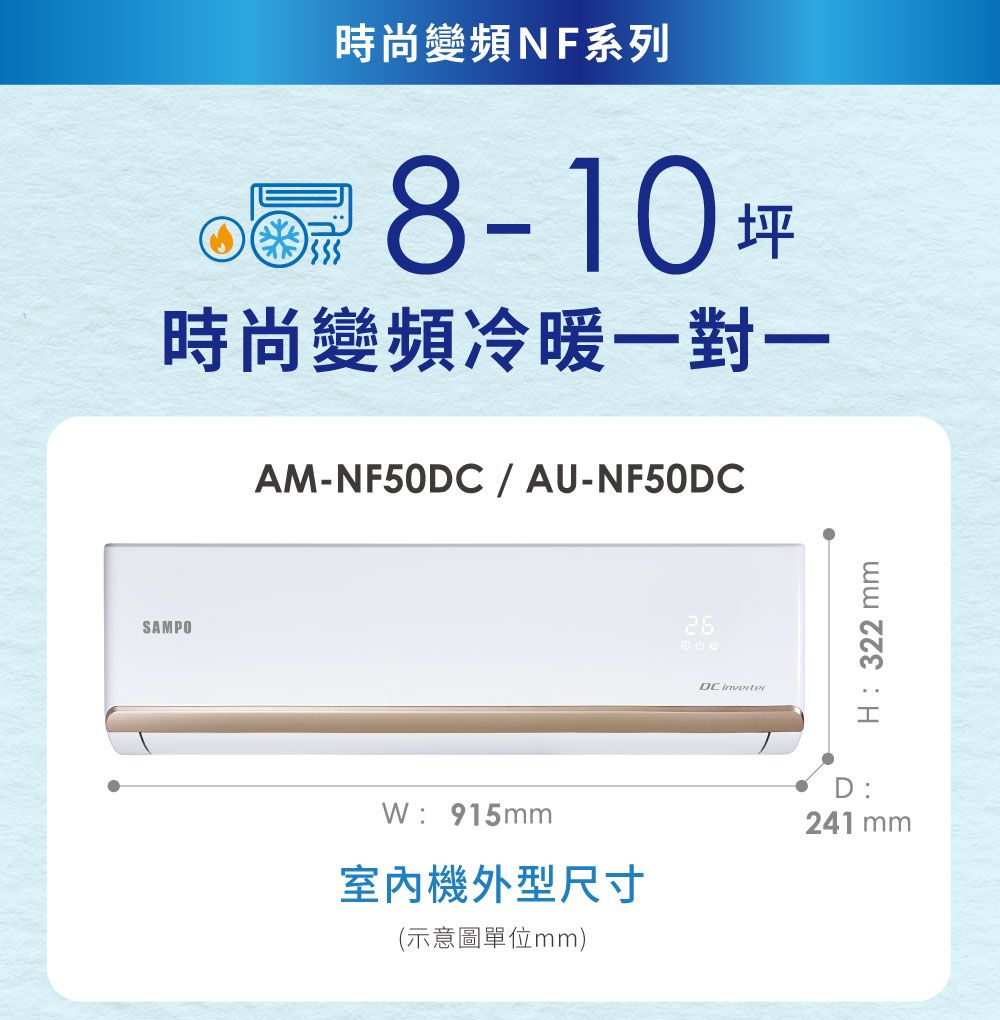 SAMPO時尚變頻NF系列 8-10坪時尚變頻冷暖一對一AM-NF50 / AU-NF50DC26DC InverterH 322 mm:915mm室內機外型尺寸(示意圖單位mm)D:241 mm
