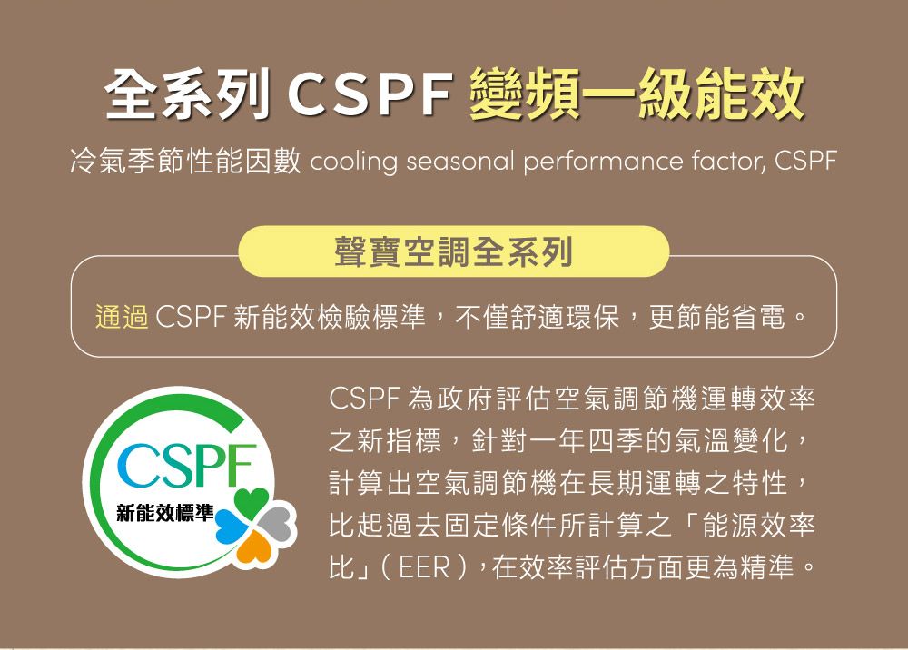 全系列  變頻一級能效冷氣季節性能因數 cooling seasonal performance factor, CSPF聲寶空調全系列通過 CSPF 新能效檢驗標準,不僅舒適環保,更節能省電。CSPF新能效標準CSPF 為政府評估空氣調節機運轉效率之新指標,針對一年四季的氣溫變化,計算出空氣調節機在長期運轉之特性,比起過去固定條件所計算之「能源效率比」(EER),在效率評估方面更為精準。