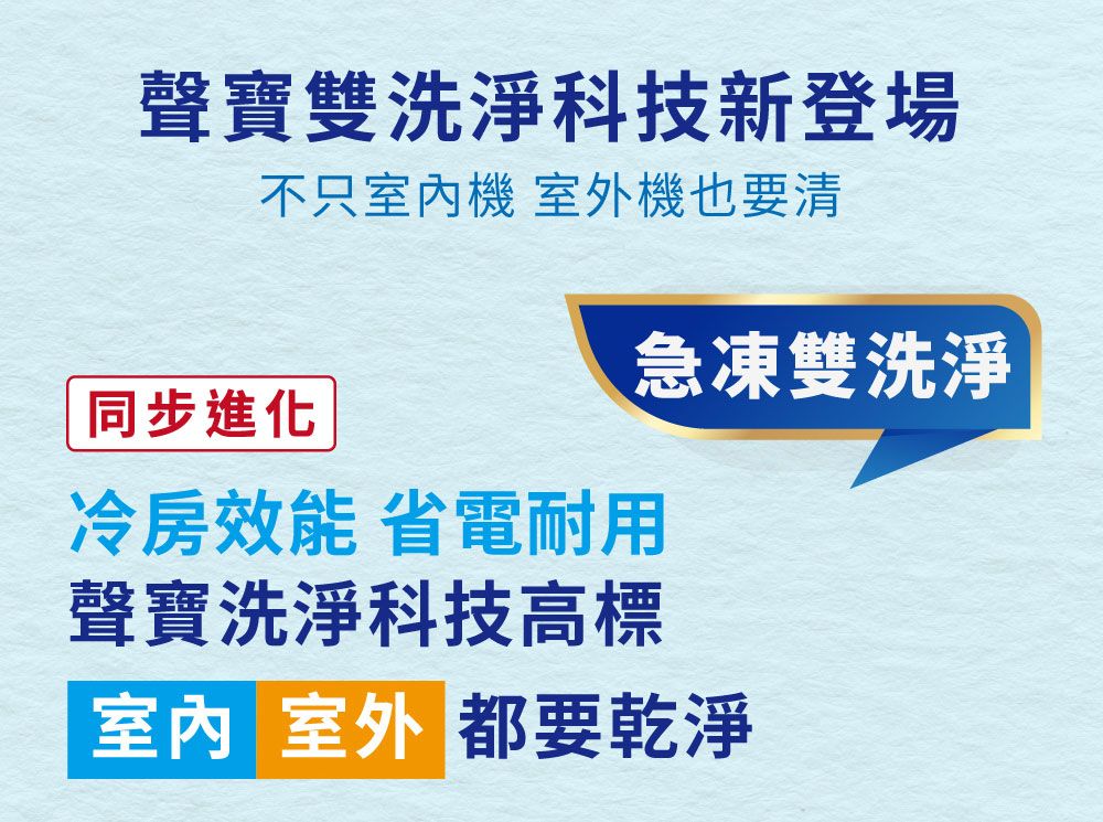 聲寶雙洗淨科技新登場不只室內機 室外機也要清 同步進化冷房效能 省電耐用急凍雙洗淨聲寶洗淨科技高標室内 室外 都要乾淨