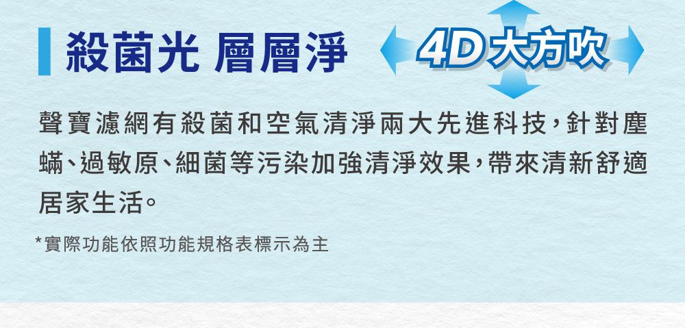 殺菌光 層層淨聲寶濾網有殺菌和空氣清淨兩大先進科技,針對塵蟎、過敏原、細菌等污染加強清淨效果,帶來清新舒適居家生活。*實際功能依照功能規格表標示為主