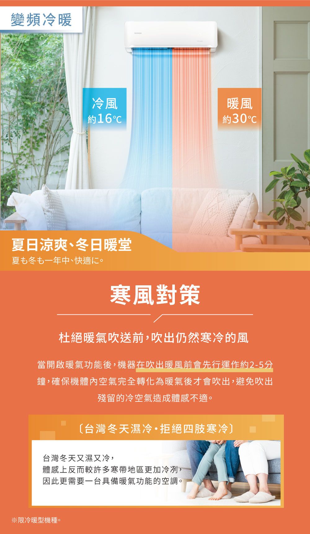 變頻冷暖冷風暖風約16約30℃夏日涼爽、冬日暖堂夏冬一年中、快適寒風對策杜絕暖氣吹送前,吹出仍然寒冷的風當開啟暖氣功能後,機器在吹出暖風前會先行運作約2-5分鐘,確保機體內空氣完全轉化為暖氣後才會吹出,避免吹出殘留的冷空氣造成體感不適。〔台灣冬天濕冷拒絕四肢寒冷台灣冬天又濕又冷,體感上反而較許多寒帶地區更加冷冽,因此更需要一台具備暖氣功能的空調。※限冷暖型機種。