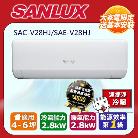 SANLUX台灣三洋 4-6坪1級R32 變頻一對一速捷淨 冷暖冷氣SAC-V28HJ/SAE-V28HJ
