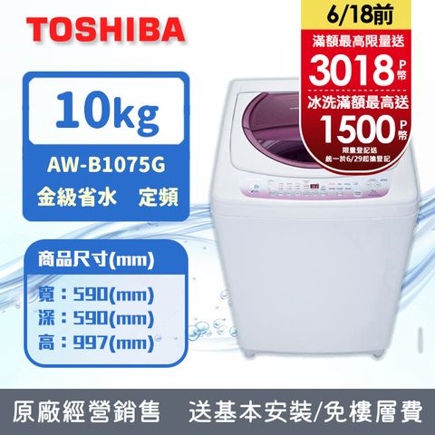 TOSHIBA東芝 10公斤星鑽不鏽鋼槽洗衣機 AW-B1075G(WL) (含基本安裝+舊機回收)