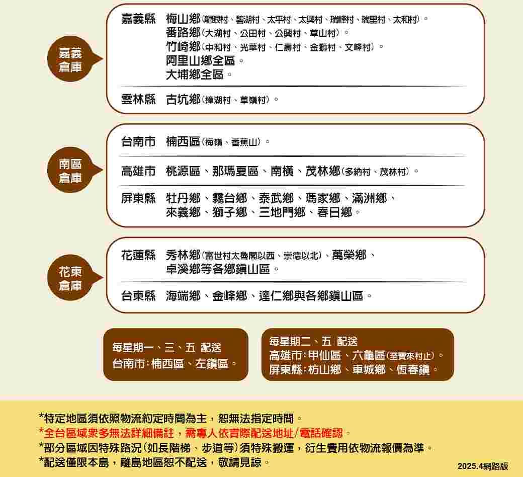 嘉義倉庫嘉義縣梅山鄉龍眼、碧湖村、太平村、太興村、瑞峰村、瑞里村、太和村番路鄉大湖村、公田村、公興村、草山村竹崎鄉中和村、光華村、仁壽村、金獅村、文峰村。阿里山鄉全區。大埔鄉全區。雲林縣古坑鄉(湖村、草嶺村)。台南市楠西區(梅嶺、香蕉山)。南區倉庫高雄市 桃源區、那瑪夏區、南横、茂林鄉(多納村、茂林村)。屏東縣牡丹鄉 霧台鄉、泰武鄉、瑪家鄉、滿洲鄉、來義鄉、獅子鄉、三地門鄉、春日鄉。花東花蓮縣秀林鄉(世村太魯閣以西、崇德以北)、萬榮鄉、卓溪鄉等各鄉鎮山區。倉庫台東縣海端鄉、金峰鄉、達仁鄉與各鄉鎮山區。每星期二、五 配送每星期一、三、五 配送台南市:楠西區、左鎮區。高雄市:甲仙區、六龜區(至村止)。屏東縣:枋山鄉、車城鄉、恆春鎮。*特定地區須依照物流約定時間為主恕無法指定時間。。*全台區域無法詳細備註,專人依實際配送地址/電話確認。*部分區域特殊路況(如長階梯、步道等)須特殊搬運,衍生費用依物流報價為準。*配送僅限本島,離島地區恕不配送,敬請見諒。2025.4網路版
