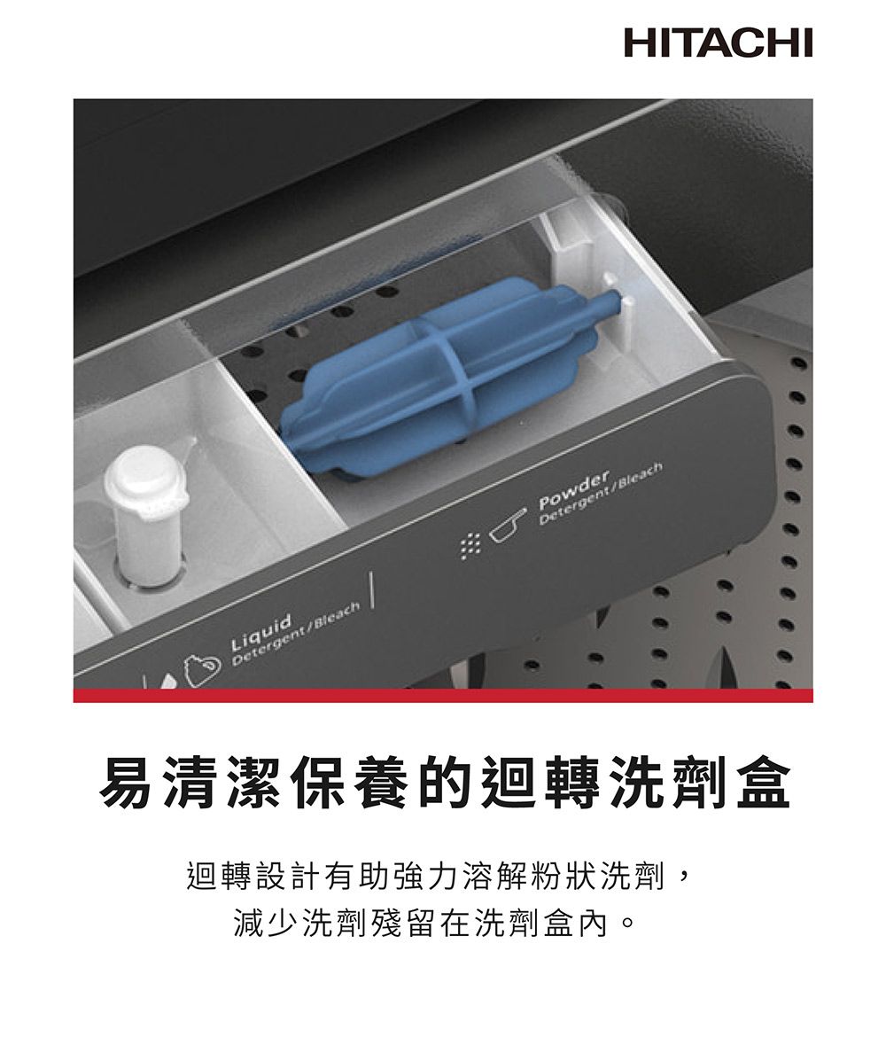 LiquidDetergentBleach/PowderDetergent/Bleach易清潔保養的迴轉洗劑盒迴轉設計有助強力溶解粉狀洗劑,減少洗劑殘留在洗劑盒內。HITACHI