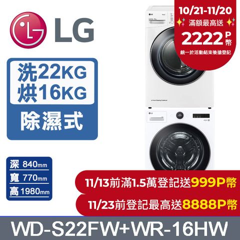 LG 樂金 AI DD 22公斤蒸洗脫滾筒洗衣機(冰瓷白)+16公斤免曬衣乾衣機(WD-S22FW+WR-16HW)