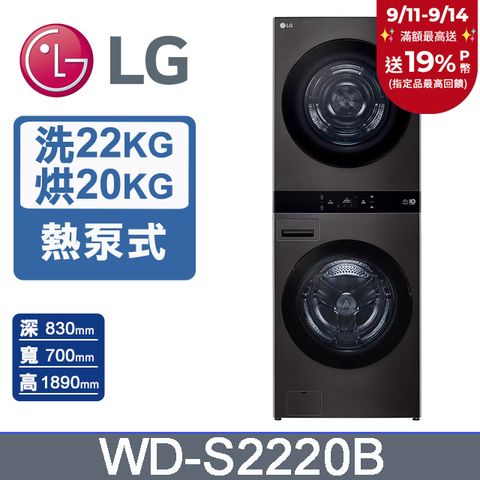 LG樂金 22公斤+20公斤 WashTower AI 智控熱泵除濕洗乾衣機WD-S2220B(尊爵黑)