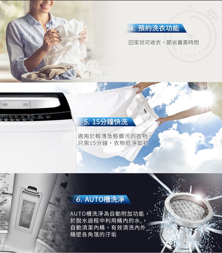 4.預約洗衣功能回家就可收衣,節省寶貴時間5.15分鐘快洗適用於輕薄及輕髒污的衣物,只需15分鐘,衣物乾淨如初6. AUTO槽洗淨AUTO槽洗淨為自動附加功能,於脫水過程中利用桶的水自動清潔內桶,有效清洗桶壁各角落的汙垢