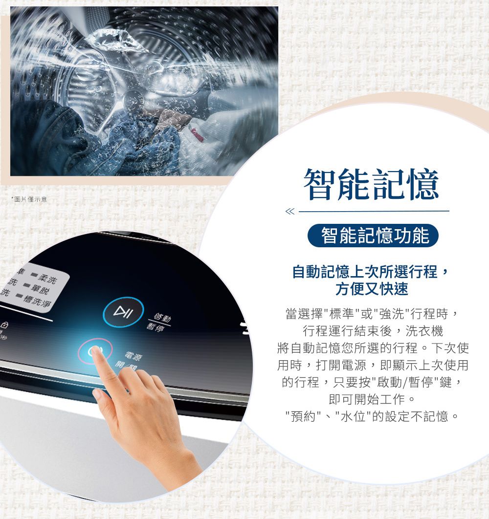 *圖片僅示意洗洗脫洗槽洗淨啓動暫停智能記憶智能記憶功能自動記憶上次所選行程,方便又快速當選擇標準或強洗行程時,行程運行結束後,洗衣機將自動記憶您所選的行程。下次使用時,打開電源,即顯示上次使用的行程,只要按啟動/暫停鍵,即可開始工作。預約、水位的設定不記憶。電源開